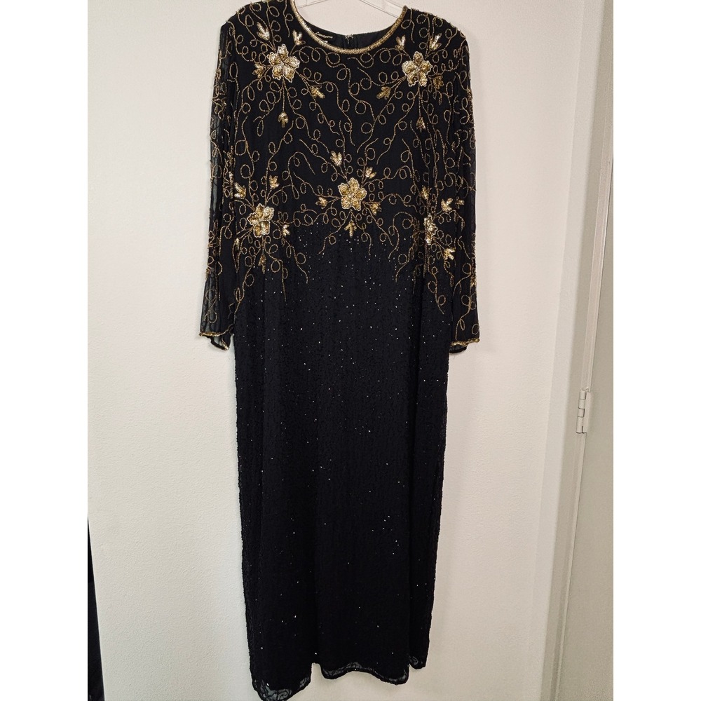 Landmark Black Gold Beaded Floral Evening Gown Plus Size 4X Formal Maxi Dress